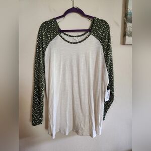 Terra & Sky Baseball Style Long Sleeve Top Polka Dots NWT 2X Green Cream